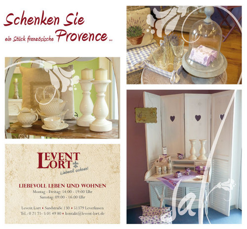 Verkauf von Möbeln, Geschenkartikel, Wohnaccessoires auf über 200qm + Düfte und Seifen direkt aus der Provence: LEVENT LORT-Sandstr. 130-51379 LEVERKUSEN