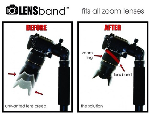 The Lens Band is a unique solution to an age old problem. When using zoom lenses, especially extra long zooms, there is often a tendency for the lens barrel to