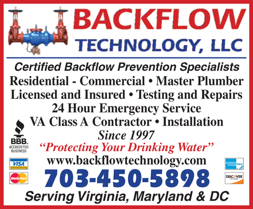 Backflow Technology, LLC holds a Va. Class A Plumbers Contractors License specializing in backflow prevention and cross connection control. 703.450.5898