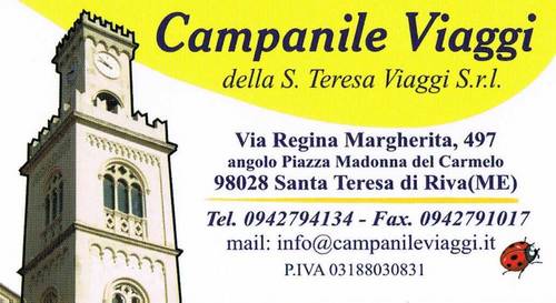 Agenzia di Viaggi a Santa Teresa di Riva (ME) via Regina Margherita angolo Piazza Madonna del Carmelo n. 497, e-mail: info@campanileviaggi.it, tel. 0942.794134