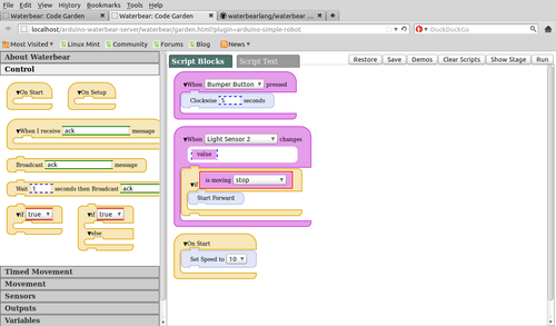 Simple Waterbear Arduino Robot Programming
“Visual programming for teaching beginners and kids Robotics.”
@waterbearlang based http://t.co/cg9gHNa3