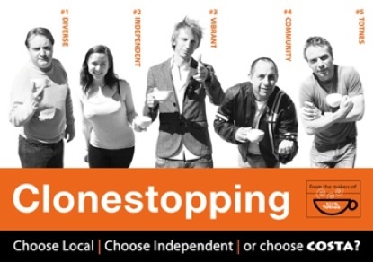 NotoCosta's profile picture. Totnes wants to be the town that says NO to Costa. Help spread the word!  Keep Totnes unique, the economy vibrant and spend your pounds locally.