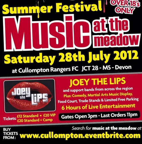 MusicAtMeadow's profile picture. Massive outdoor music extravaganza at Cullompton Rangers FC at Speeds Meadow. Event date is Saturday 28th July starting at 3pm. Joey The Lips Headline.