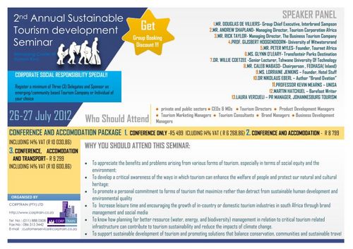 TourismSeminar's profile picture. 2nd Annual Sustainable Tourism development Seminar, 15-16November 2012, Maropeng Cradle of Human Kind, call +27 11 888 9810, visit: http://t.co/DsHTteCuAU