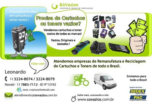 Compramos cartuchos e toner vazios originais de impressora! Não jogue os cartuchos em um lixo comum entre em contato atendimento@compradetoner.com.br