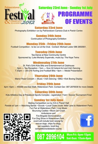 Palmerstown Festival and Community Game 23rd June to July1st 2012
     Email: palmerstownfestival@ireland.com
: https://t.co/QFeAFtJkU1