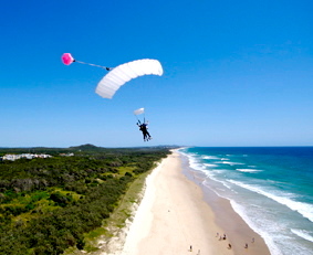 Skydive Noosa on the Sunshine Coast offers beach jumps over one of the most stunning coastlines in Australia, landing at Coolum Beach.