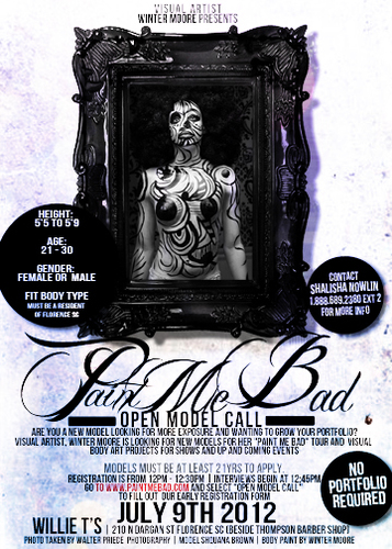 follow us to track all visual art shows of the visual artist Winter Moore of Florence SC for event dates and locations of body painting & graphic design.