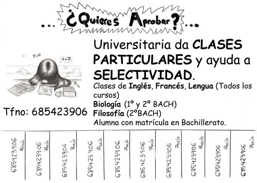 UNIVERSITARIA da CLASES PARTICULARES y ayuda a SELECTIVIDAD. Clases de Inglés, Francés, Lengua (Todos los cursos). Biología (1º y 2º BACH), Filosofía (2º BACH).