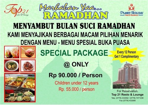 PLANET HOLIDAY 21 FLOOR BATAM
TOP21 RESTO& LOUNGE
BATAM
RESERVASI : 0778 - 433092
0778 - 433092