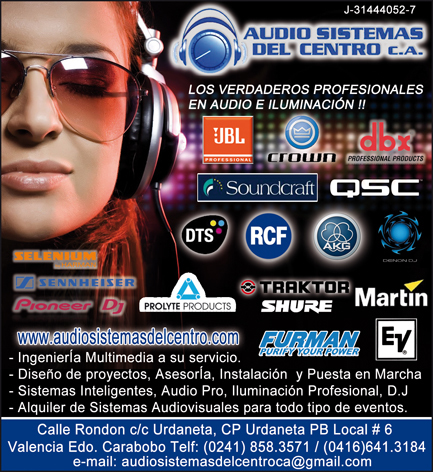 Empresa dedicada a:  La asesoria, diseño de proyectos, venta e instalacion,  de  sistemas de audio e iluminacion profesional, sistemas multimedia. 04144405857.