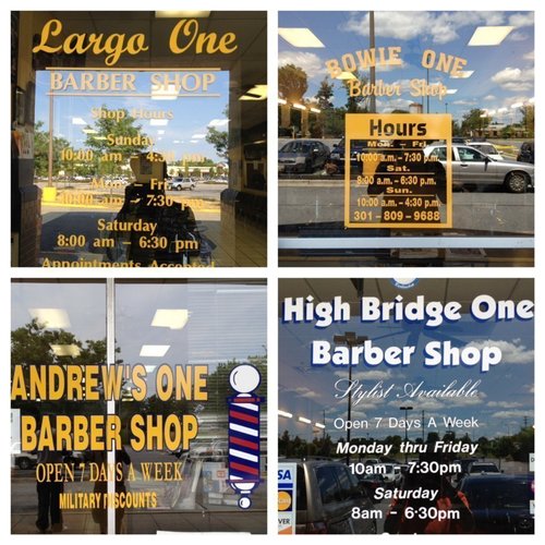 1.LARGO ONE BARBERSHOP
2.BOWIE ONE BARBERSHOP
3.ANDREWS ONE BARBERSHOP
4.HIGH BRIDGE ONE BARBERSHOP