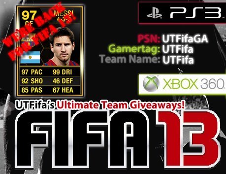 We're back for FIFA 13 - and this time on Twitter!
UTFifa, remember us? Legit, free Ultimate Team Giveaways available on both consoles: PS3 + XBOX! Enjoy!