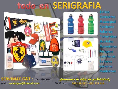 SERVIMAC G&T, es una empresa al servicio del mercado publicitario nuestro deber es proveer de productos promocionales, amenities, Linea textil y SERIGRAFIA etc.