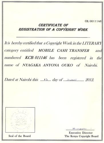 I applied for Patent for Mobile Cash Transfer. KIPI  referred me to KECOBO. On 16th April 2006 It was registered..I was issued with Cert 6 years Later!!