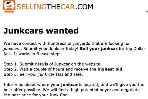 Want to sell JUNKCAR fast and safe? SellingTheCar has buyers for all junkcars nationwide. 
3 simple steps:
1.Submit junkcar
2.Receive offer
3.Get paid cash