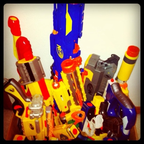 I collect-- no... I hoard #Nerf blasters.

I'm also into #LazerTag, #SuperSoakers, electronic toy guns and other stuff I wasn't allowed to play with as a kid.