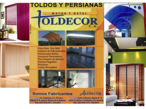 Expertos en la fabricación de toldos en policarbonato, lona, capotina recogible, vinil importado, aluminio; Persianas,dry wall..