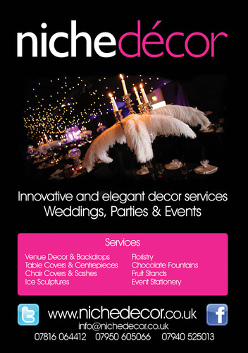 Specialists in Wedding Decor namely chair covers,  sashes, centrepieces, floristry, backdrops, choc fountains, mood lighting & ice sculptures.