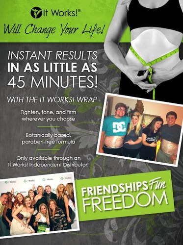 ItWorks distributor that markets an ALL natural Slimming body Wrap. Tighten, tone, firm in JUST 45 minutes. Have you wrapped yet?!