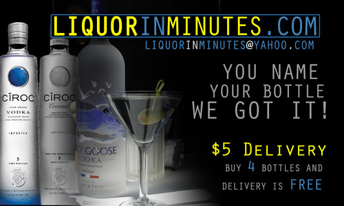 WE DELIVER ALL YOUR FAVORITE LIQUORS, WINES, AND BEERS TO YOUR DOOR. CIROC, HENNESSY, MOSCATO, SANGRIA, SMIRNOFF, BUD LIGHT,CORONA AND MANY MORE, FROM 6PM-1AM