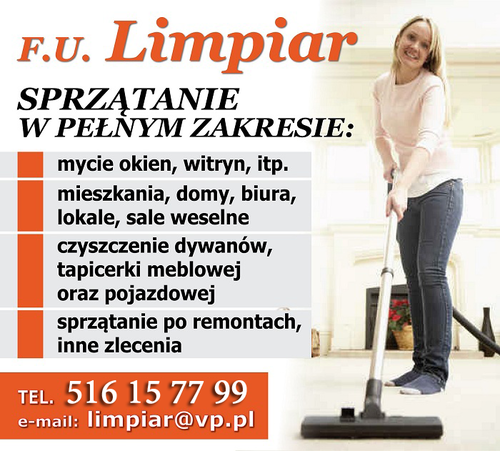Firma Usługowa LIMPIAR, Agnieszka Sobotka. Wykonujemy zlecenia wszelkiego typu: od sprzątania małych mieszkań po porządki w wielkich halach.