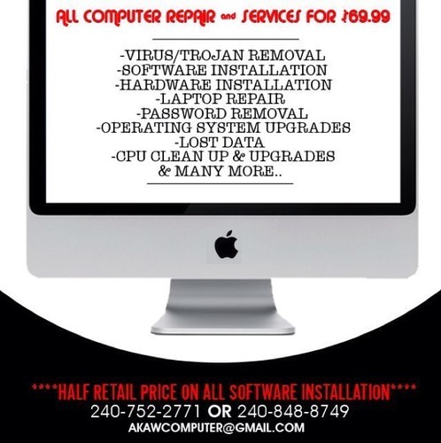 Akaw Computer Services is a computer & electronic devices repairing company.

For More Info
Akawcomputer@gmail.com
240-752-2771
240-848-8749
