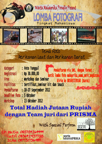 Seminar dan Lomba Fotografi Tema Perikanan darat dan laut. Registrasi 30ribu. Pendaftaran hub 085697239160 (raras) @rarasleyoo