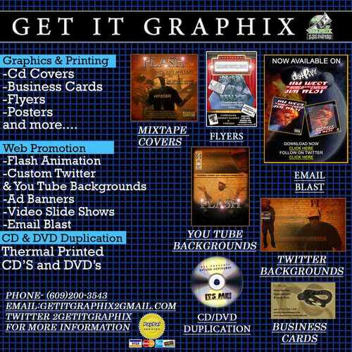 We specialize in graphics, printing, internet marketing, and cd/dvd duplication follow us and recieve 10% off any order email getitgraphix@gmail.com