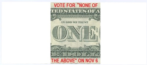 DollarMessage's profile picture. Using our $ bills to spread message, Vote for None of the Above on Nov. 6.
