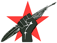 Red star in the background with a hand holding a feather front of it