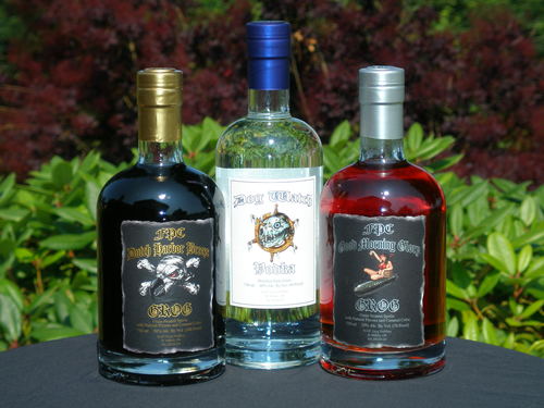 Dutch Harbor Breeze Grog (50% abv), Dog Watch Vodka (40% abv), & Good Morning Glory Grog (35% abv). 

Distilled and bottle by YOGD, LLC St Helens, OR