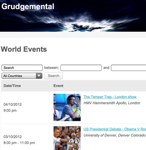 Grudgemental is a ratings site which allows you to rate and share the events that matter to you. Grudge it!