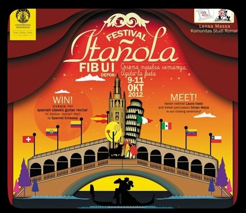 Festival budaya Italia & Spanyol, diselenggarakan oleh mahasiswa lintas jurusan FIB UI. Narahubung: @ejamaoelana (085692045454) atau @asamsianida (0817743053).