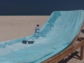 Welshman in the sand working on his tan and watching rugby from a deckchair
