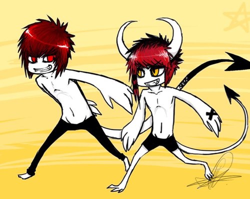 [Dax is the one with all red hair, and is older. Pax is the shorter younger one with black hair, who mostly shows his horns.](( rp 18+ #gay #males #single))