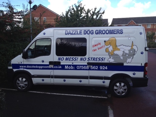 We are a mobile dog grooming business. We drive to your house and groom your pooch in our custom built van. Check out our website!