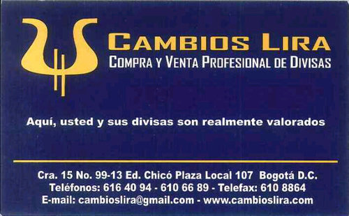 Somos una empresa dedicada a la compra y venta profesional de divisas ubicados en Bogotá en la Carrera 15 # 99-13 Local 107 Teléfono: +571 6164094