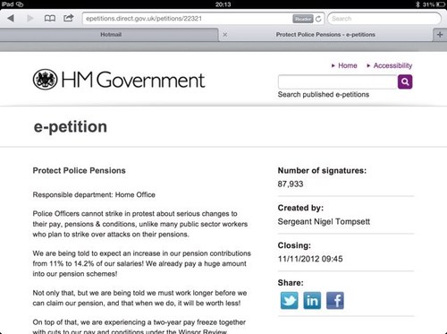 Out to help get the Police pensions E petition over the 100k line by Nov 11th. Click the link  http://t.co/3CPUdpTdcM pls follow.