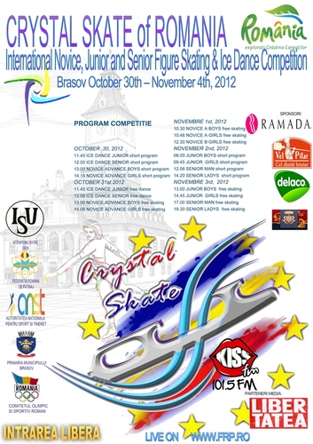 Crystal Skate of Romania is an annual senior-level intl figure skating competition, held in Romania. Skaters compete in ice dance, men's, & ladies singles.