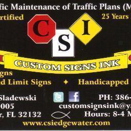 Sign/Decal business in Edgewater, Fl. Stop Signs, Handicapped & Fine Signs. Over 4000 decals. Custom Signs. 25 years experience~ATSSA Certified~ MOT Plans