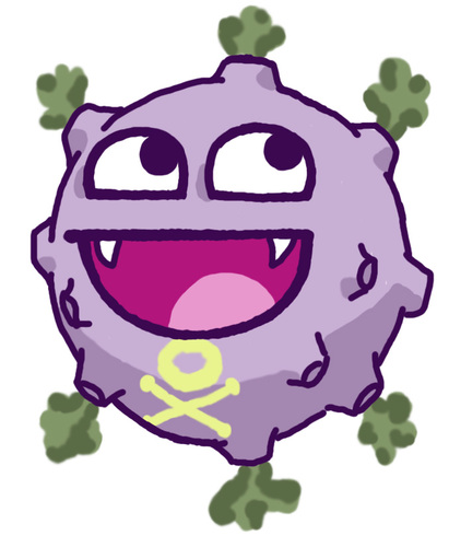 #109 PokéDex. Tengo una cara de felicidad por los gases que expulso, son pedos para mi, y siempre estoy colocado porque huelen a marihuana.