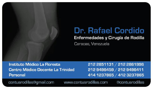 Especialista en Enfermedades y Cirugía de Rodilla. 
Instituto Médico La Floresta 0212-2851131 y 2861996
 Centro Médico Docente La Trinidad 0212-9496459