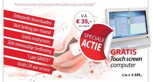Leverancier van muzieksystemen. Horeca en detailhandel gericht. Maatwerk/Service/OnbeperktDownloaden/BEstePrijs/Actie/Touchscreen