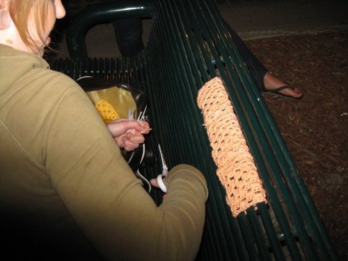Yarn bombin' crochet/knit gangstas tagging the city with granny skillz.