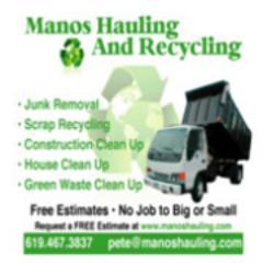 Manos Hauling and Recycling is a junk removal and recycling company located in San Diego. Owned by Peter Manos a native of San Diego.  Reduce! Reuse! Recycle!