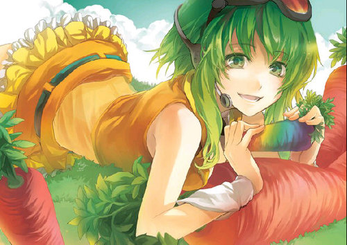 Hi-hi~ it's me, the awesome V03, Gumi Megpoid~ eh? Is that Carrot you have there? GIMMIE!!!