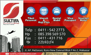 SULTIFATravel's profile picture. Reservasi Tiket Pesawat Online 24jam call me 0411-5422773 / 085398569570 Office at Jl. AP. Pettarani Ruko New Zamrud blok. F/2 (Depan Masjid HM. Asik Pettarani)