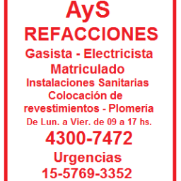 aysrefacciones's profile picture. Plomeros Gasistas Matriculados Capital Federal
Tel: 4300-7472 de Lun a Vier. de 09 a 17 hs
urg: 15-5769-3352  723* 3615 Pablo
