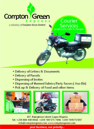 ComptonGreenExp's profile picture. CGE Couriers we pick up & deliver to any destination of your choice within Nigeria and Abroad. Call us now on +2348084300010 Email: info@comptongreenexpress.com